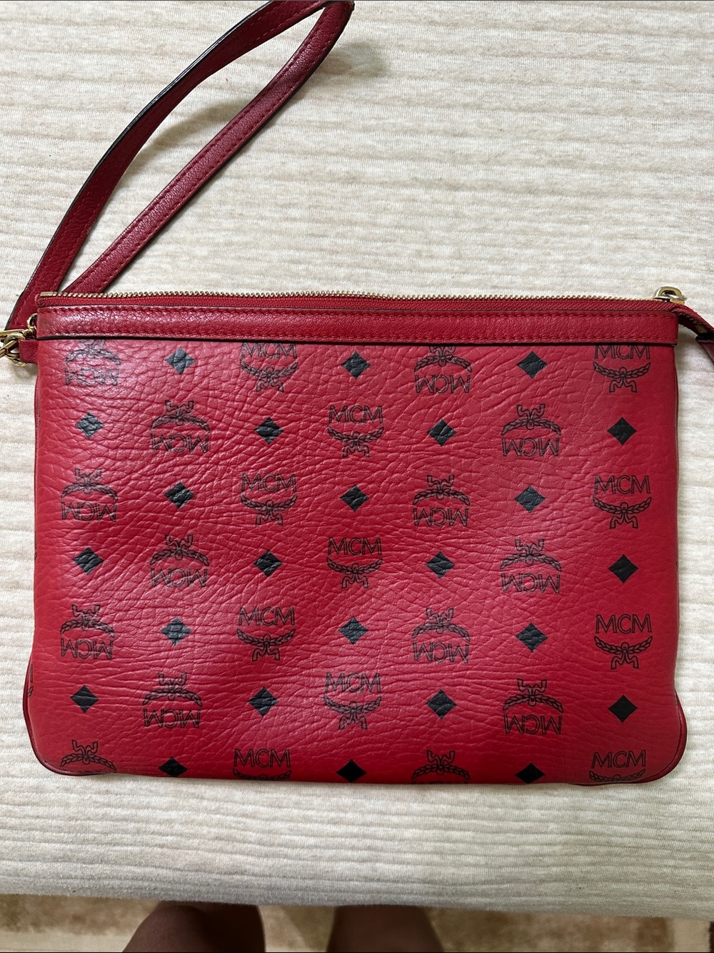 MCM Red Logo Zip clutch with Gold Hardware
